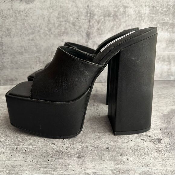 STEVE MADDEN TRIXIE BLACK LEATHER PLATFORM BLOCK HEEL SANDALS SIZE 9.5 - Picture 6 of 12